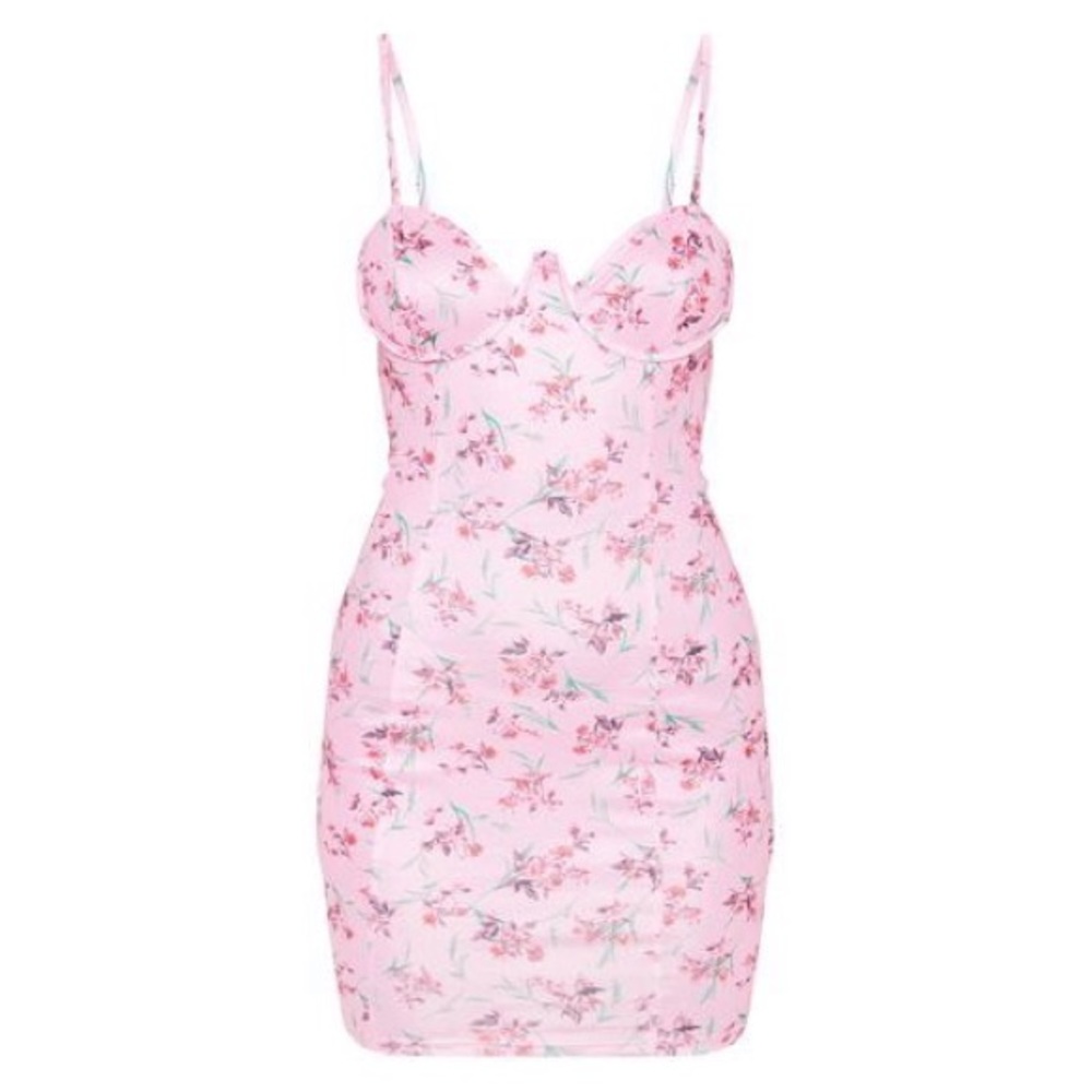 Pink Floral Wire Cup Detail Strappy Bodycon Dress